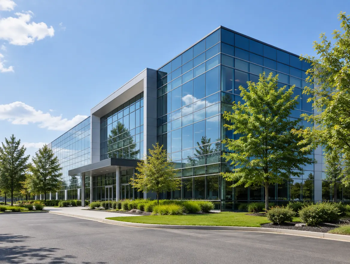 Glass office building with trees in front