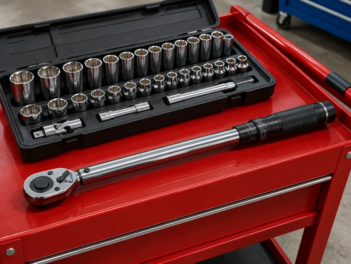Torque wrench and socket set on a red tool cart