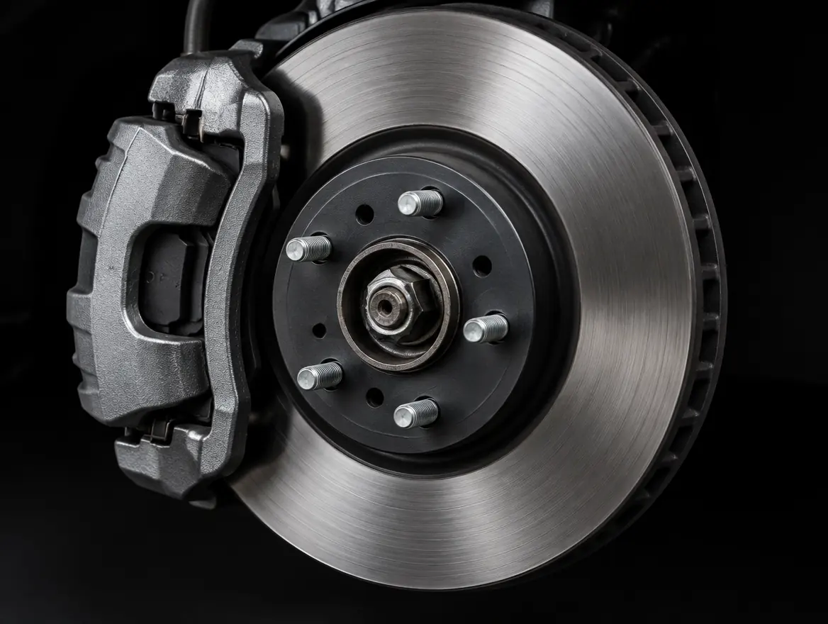 Close-up of a brake rotor and caliper