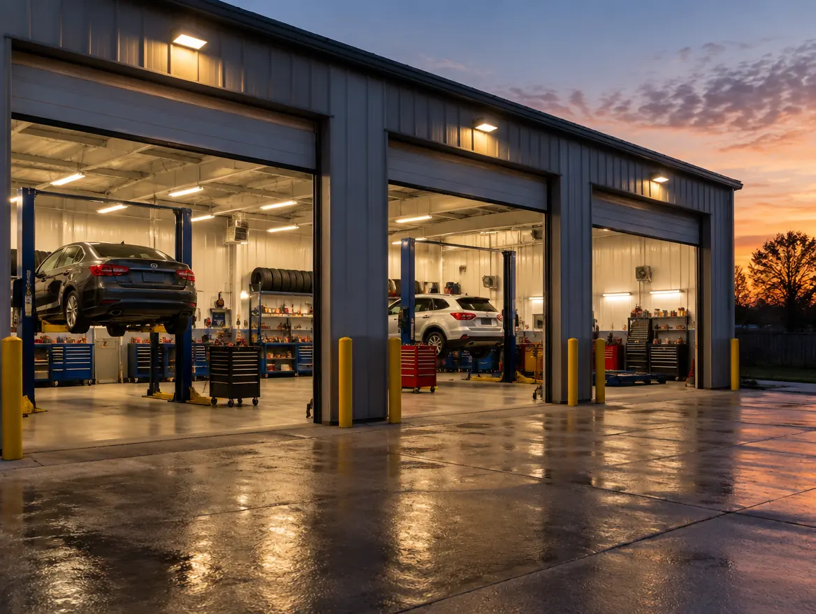 Open service bay doors at dusk with the workshop lit inside