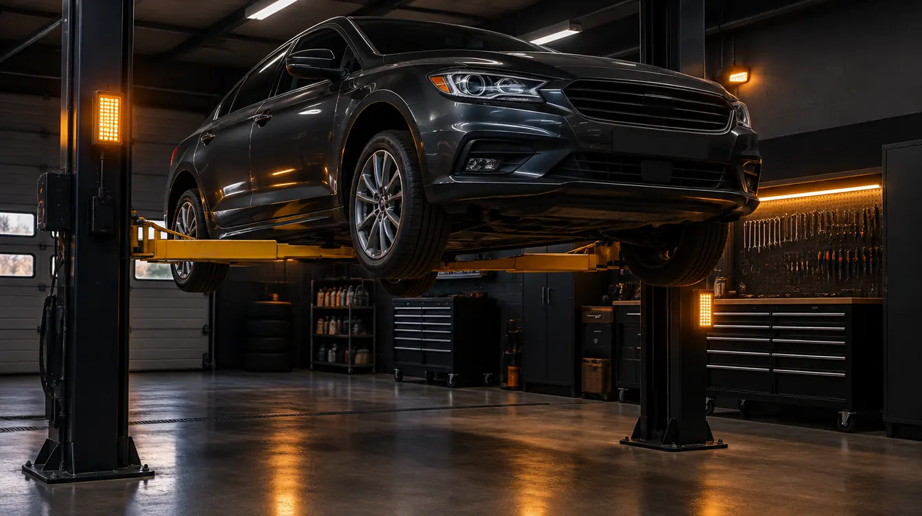 Dark sedan raised on a hydraulic lift in a clean workshop