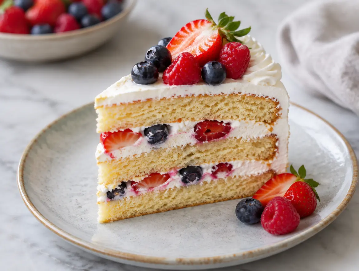 A slice of layered vanilla cake with cream, strawberries and blueberries