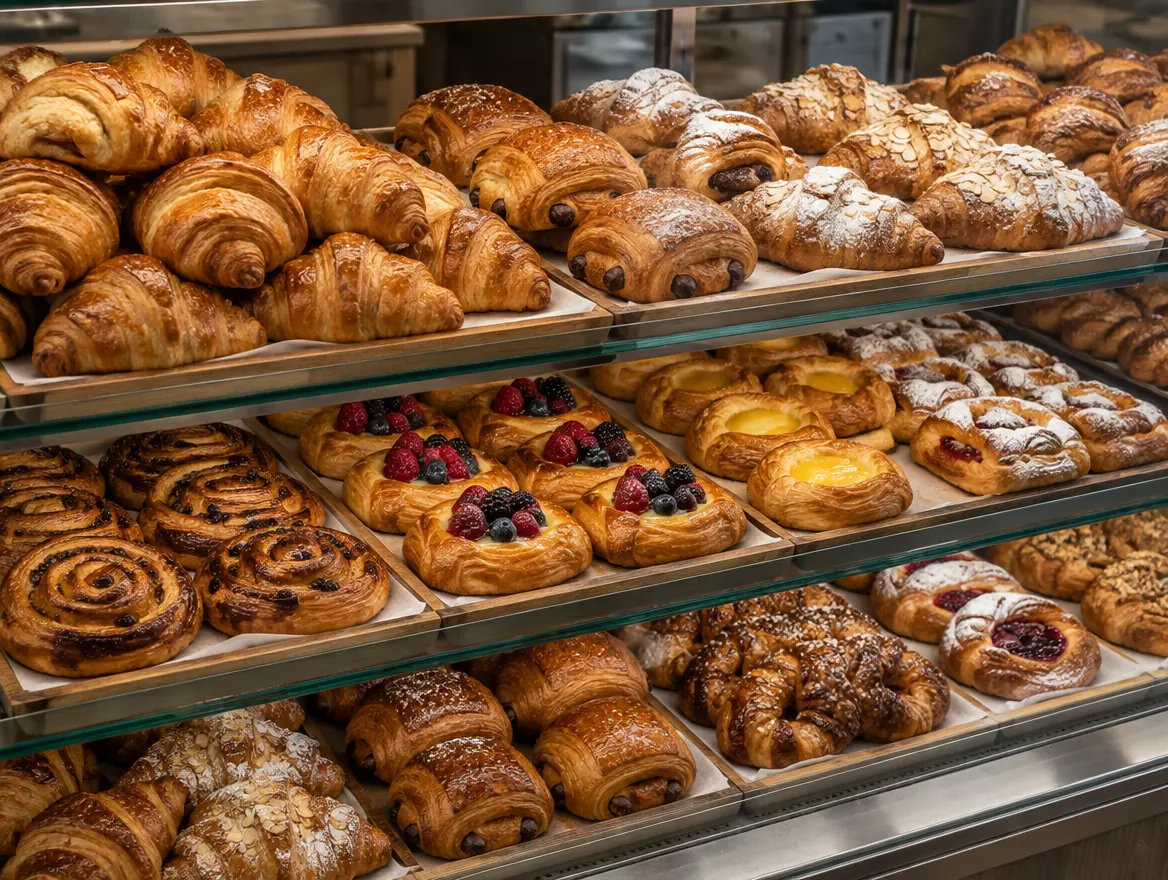 A bakery case of croissants, pain au chocolat and fruit danishes