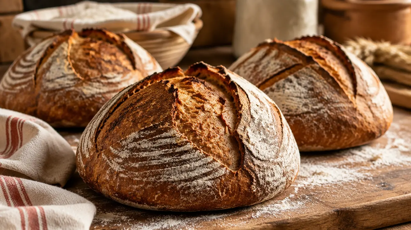 Three scored sourdough loaves on a floured wooden board