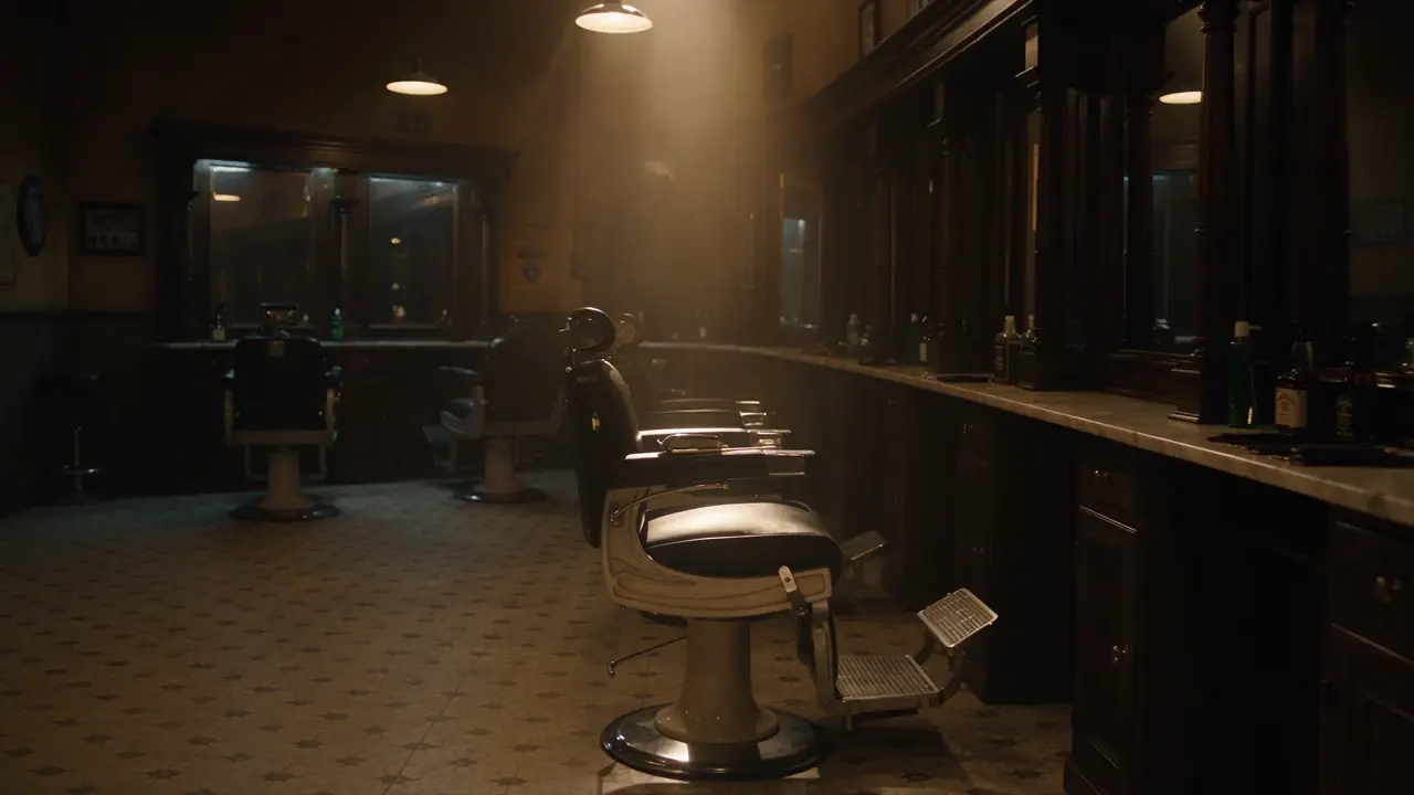 Inside the shop: black leather chairs under warm light