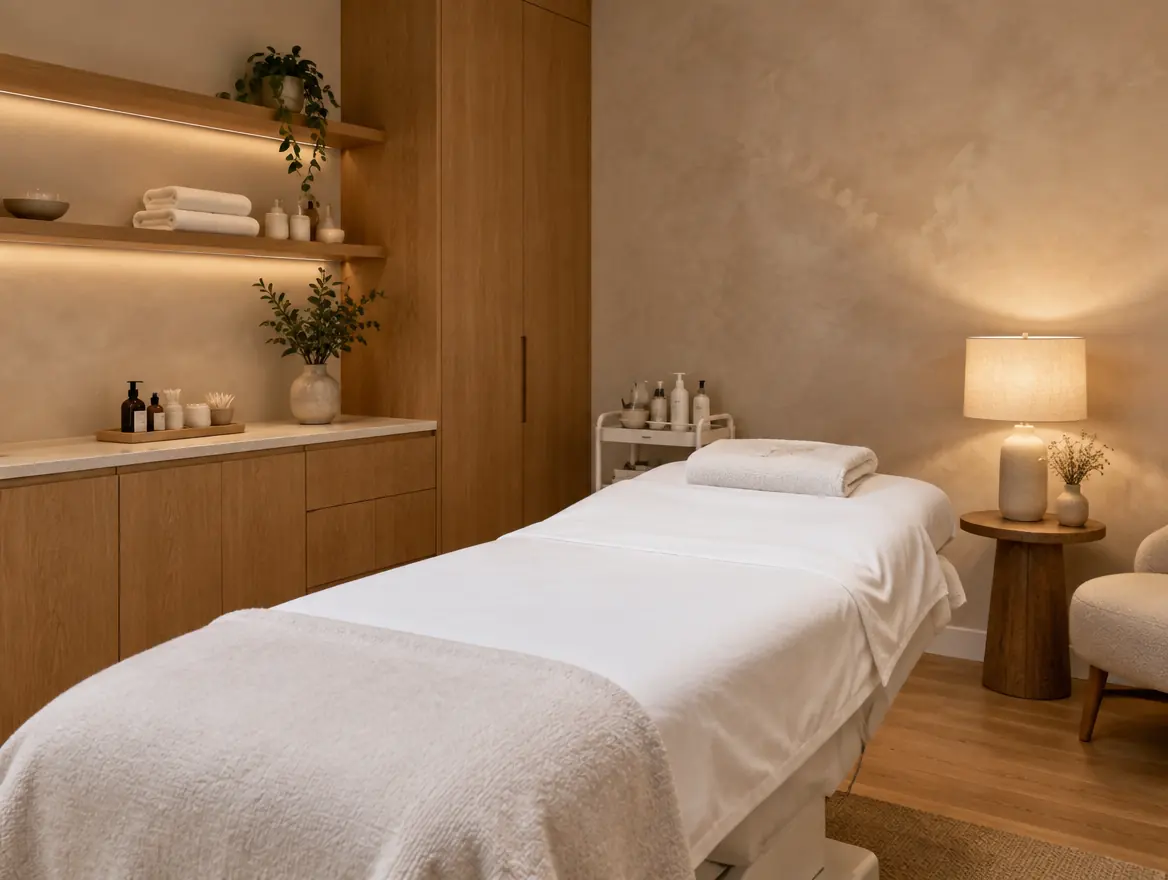 Quiet treatment room with a white bed, warm wood and a soft lamp