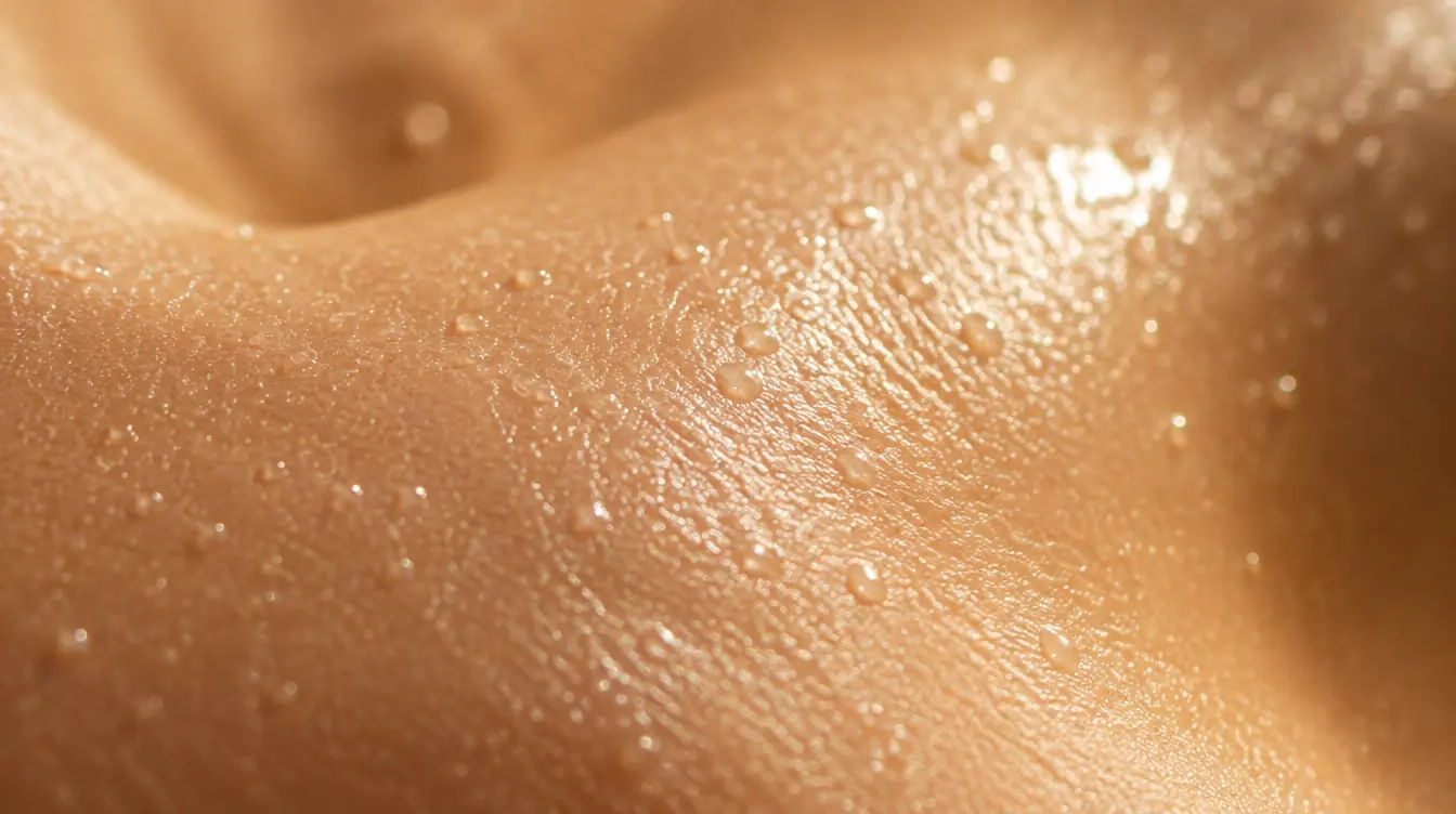 Macro of dewy skin texture in soft golden light