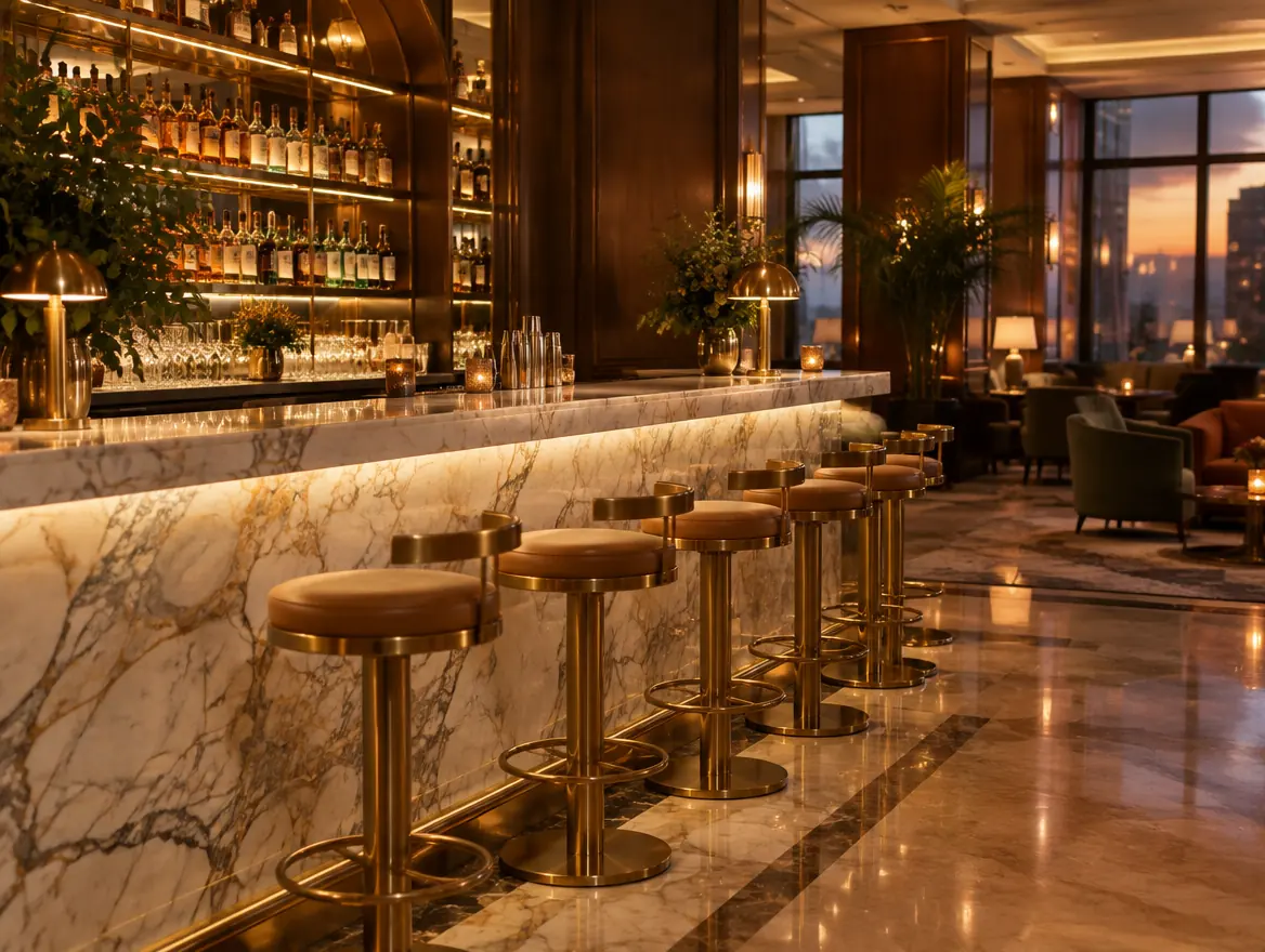 The Wick Room bar: a backlit marble counter and brass stools under shelves of bottles