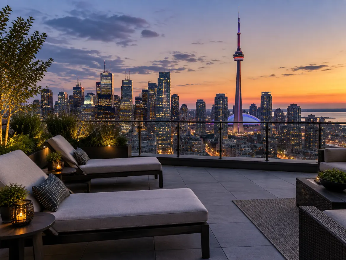 The Wickham rooftop at dusk: loungers and planters facing the CN Tower and downtown skyline