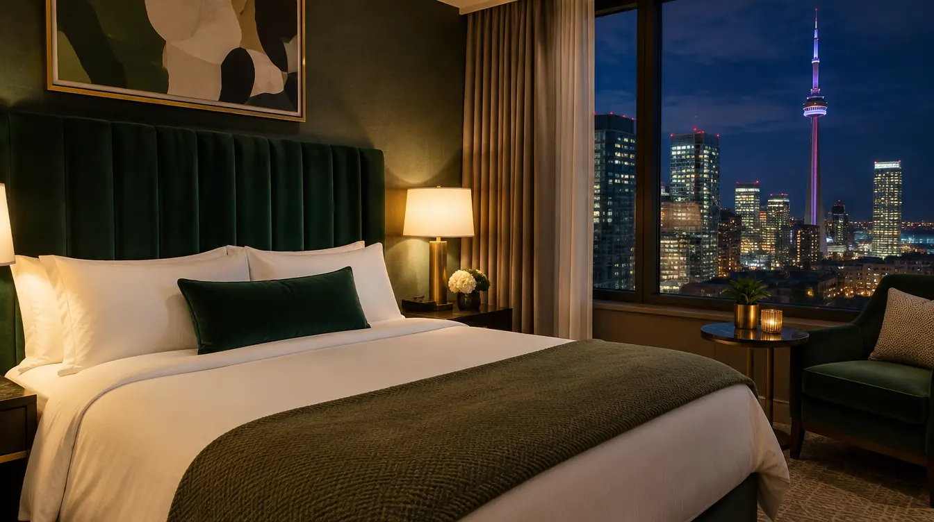 A Wickham King Corner room at night: green velvet headboard, warm lamps, the CN Tower through the window