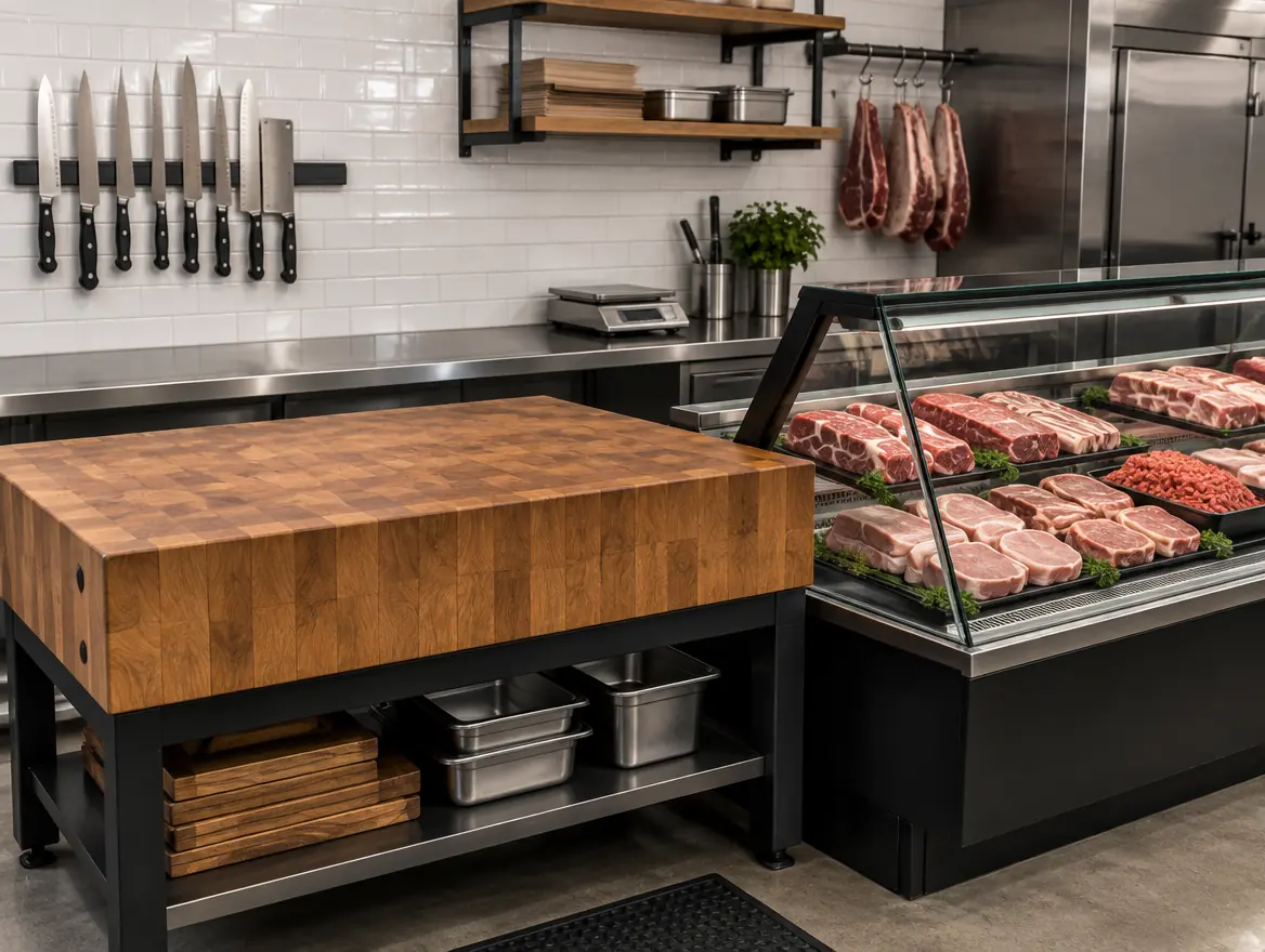 The Meridian counter: end-grain butcher block, knife rail and a full display case