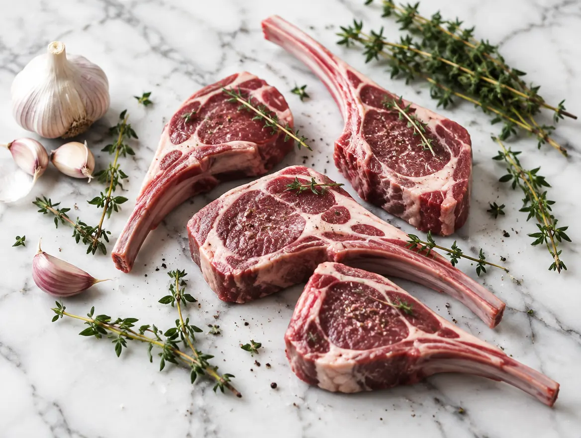 Lamb rib chops on marble with garlic and thyme