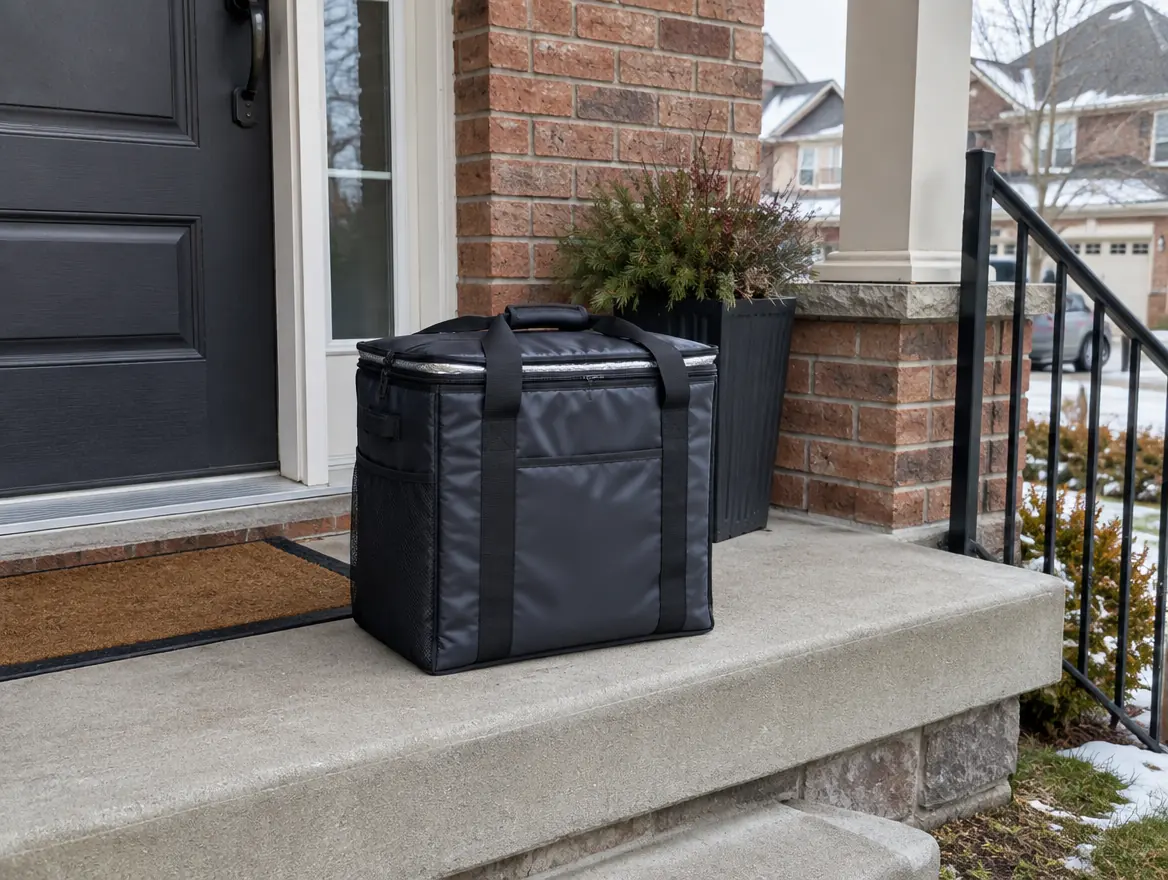 Black insulated delivery bag waiting on a brick porch step