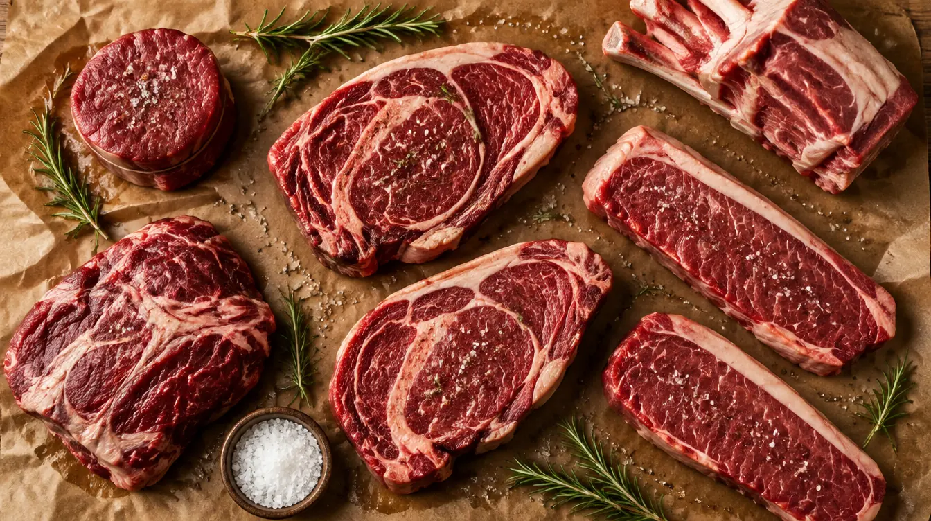 Raw ribeye and striploin steaks on butcher paper