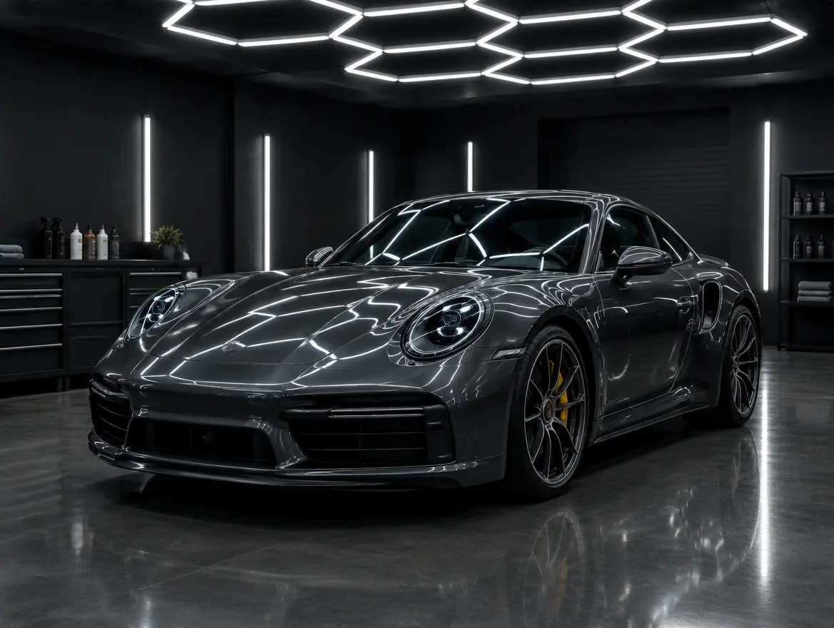 Illustration of dull, swirled paint on a grey sports car