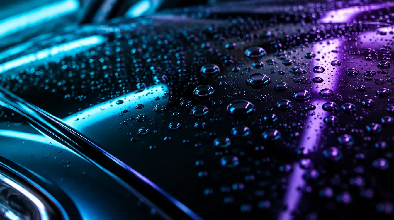 Water beads on glossy black paint under cyan and violet studio light