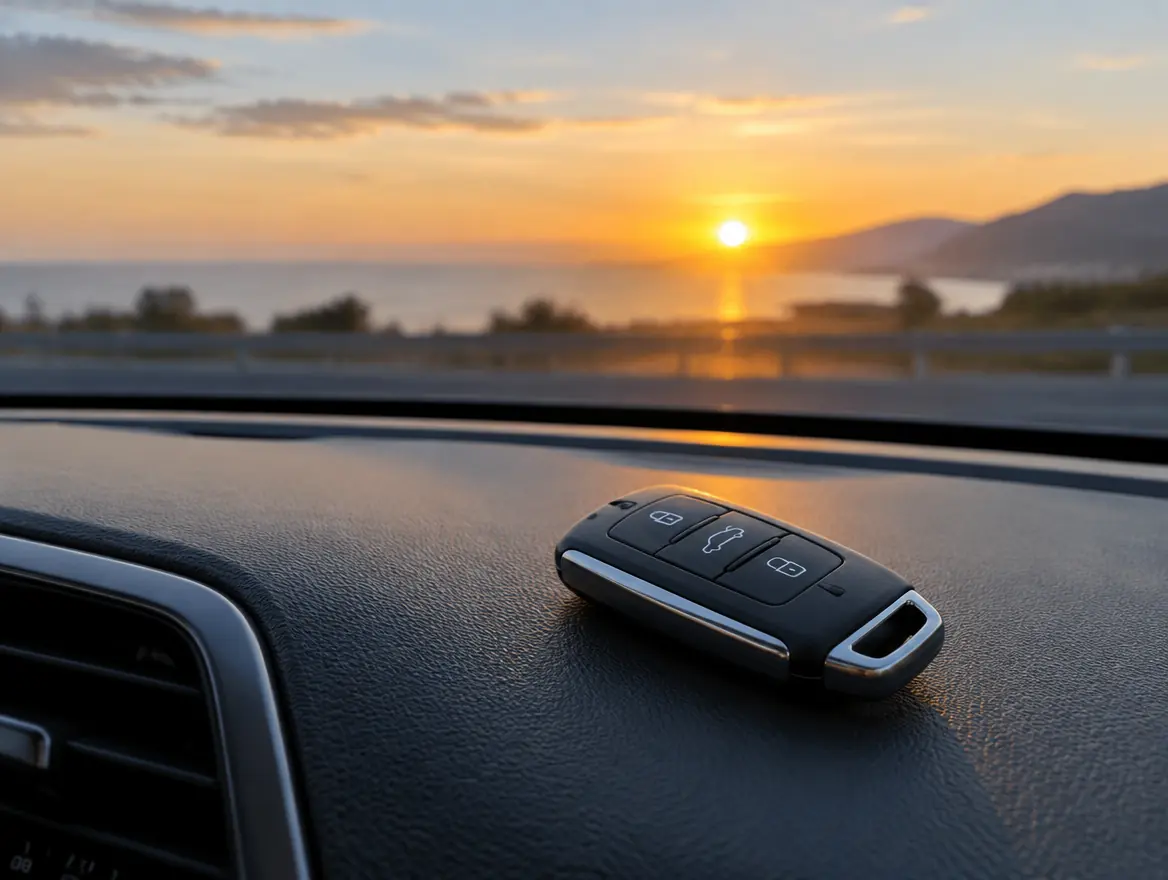 Car key fob on a dashboard at sunrise