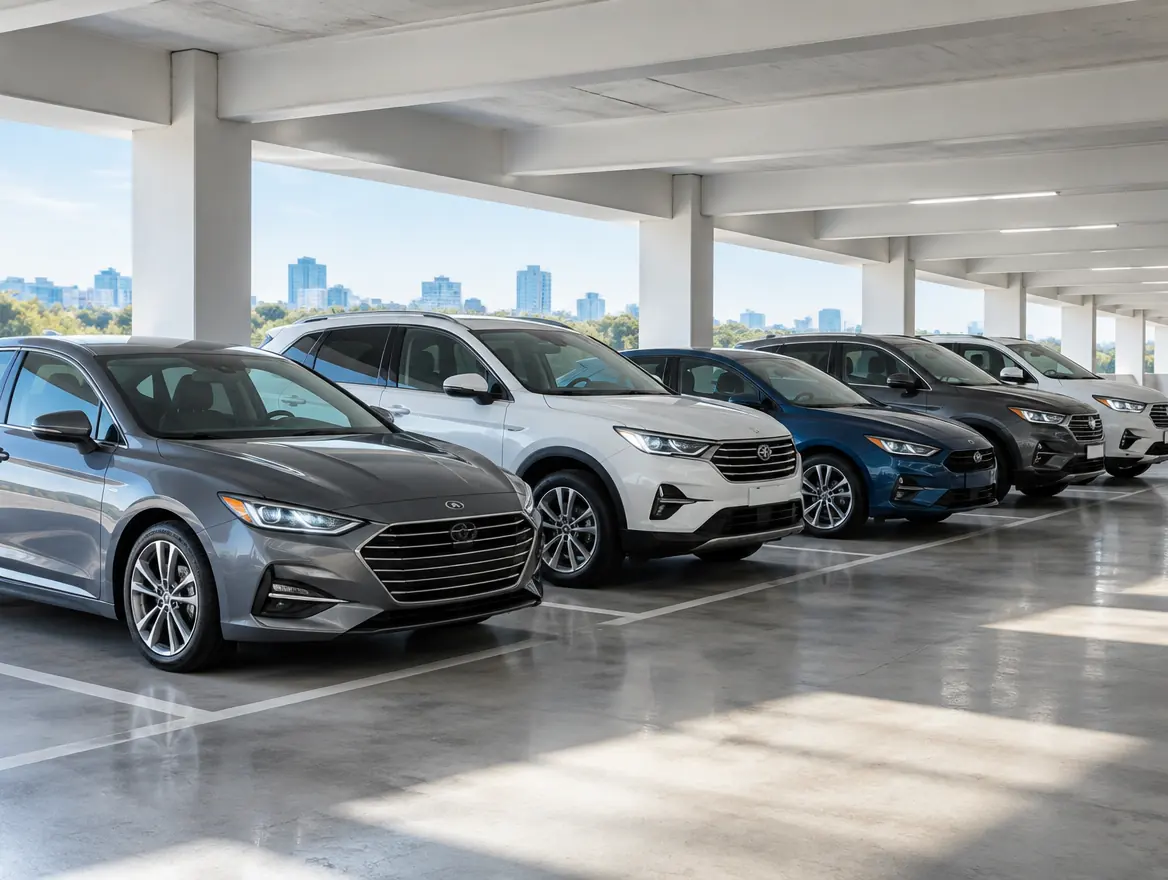 Row of rental cars in a bright parking structure