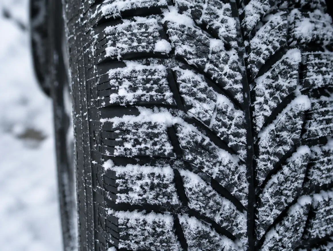 Winter tire tread dusted with snow