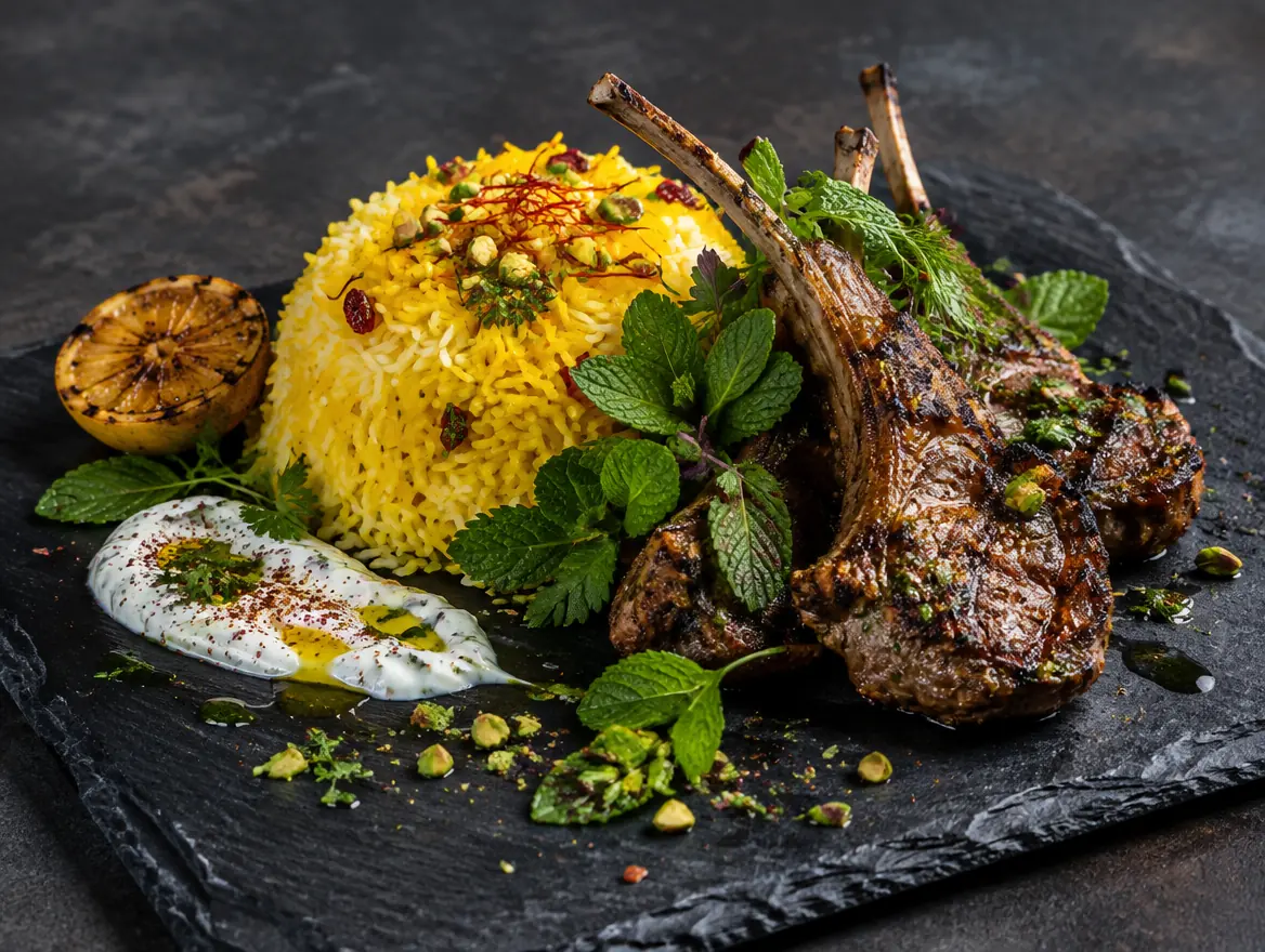 Saffron rice with grilled lamb chops, mint and yogurt on dark slate