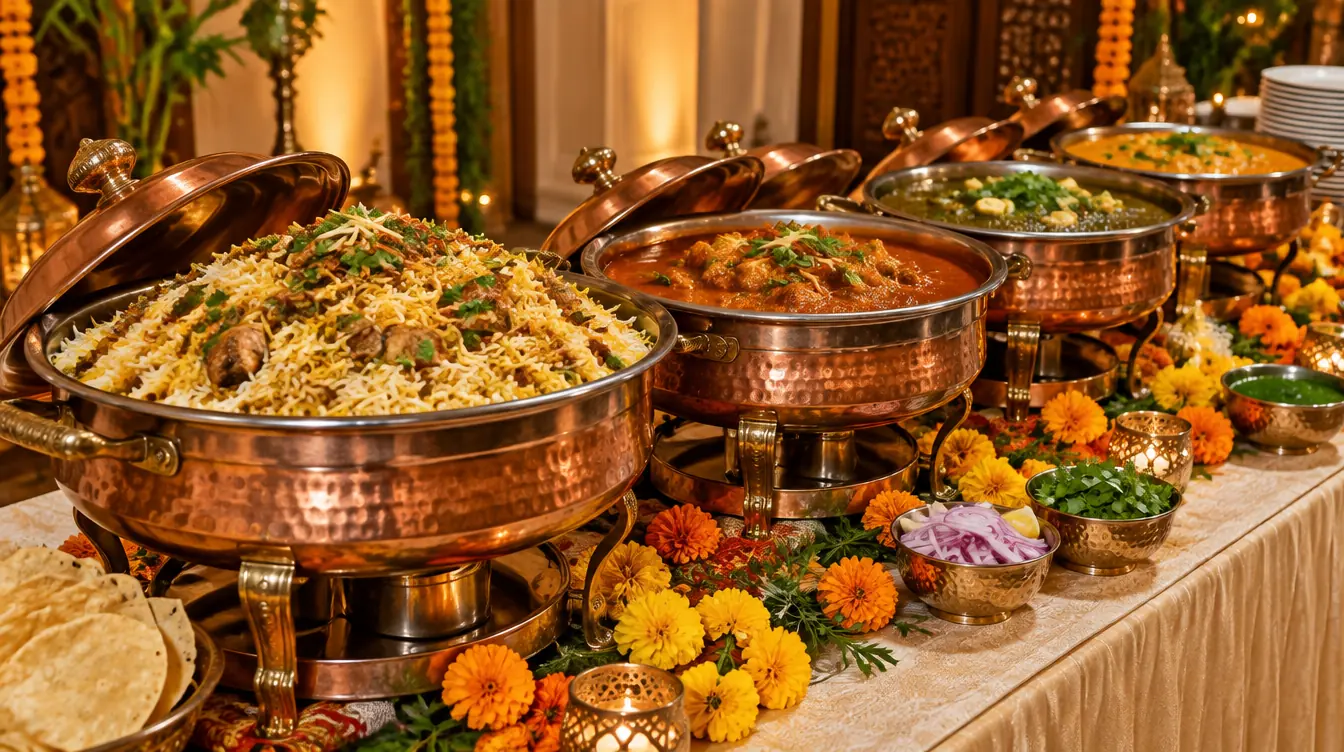 Copper chafing dishes of biryani, curry and saag on a buffet table with marigolds
