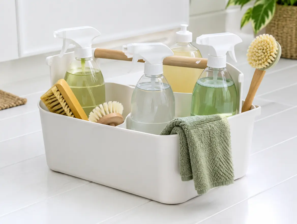 White cleaning caddy with refillable glass spray bottles, wooden brushes and a green microfibre cloth