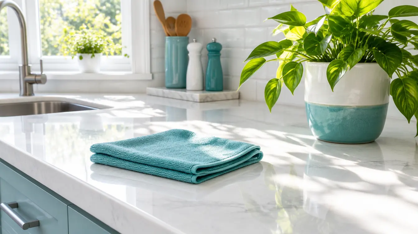 Spotless white quartz kitchen counter with a folded teal microfibre cloth and a pothos plant in sunlight