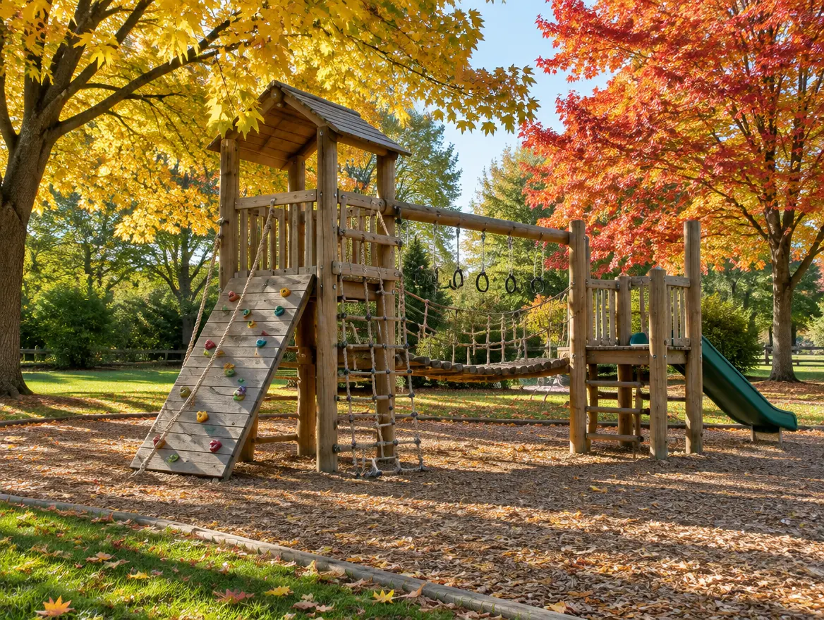 Wooden climbing frame in a playground under autumn maple trees
