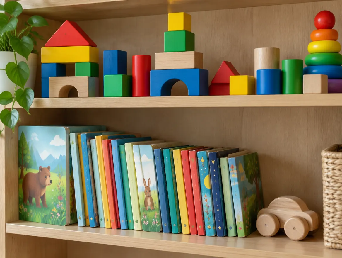 Shelf of colourful wooden blocks and picture books