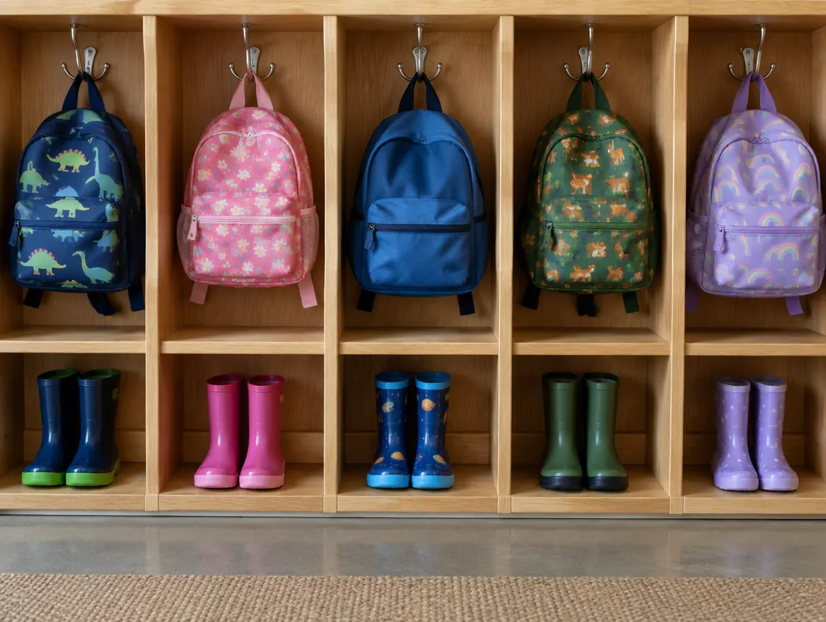 Row of wooden cubbies with small backpacks and rain boots