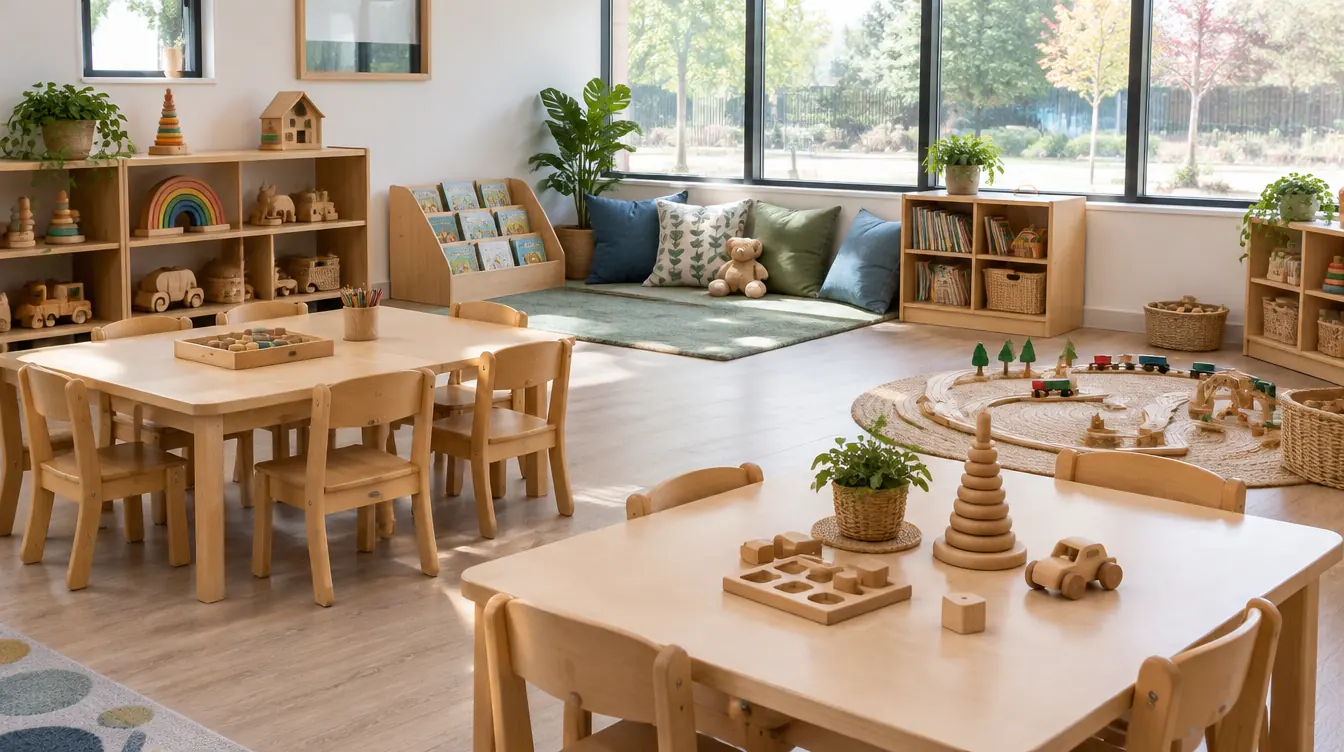 Sunny classroom with small wooden tables, wooden toys and a reading corner