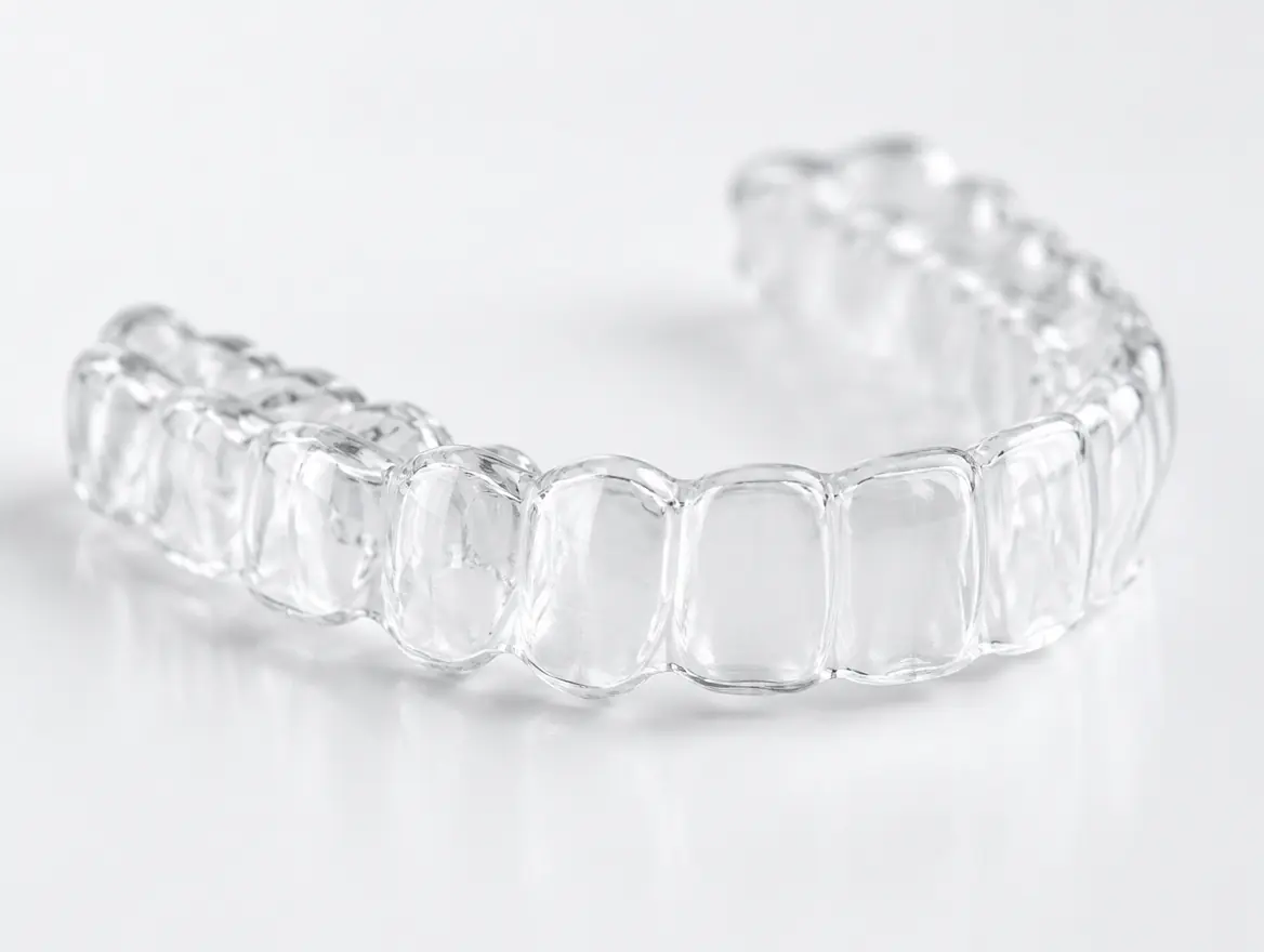 A clear aligner on a white surface