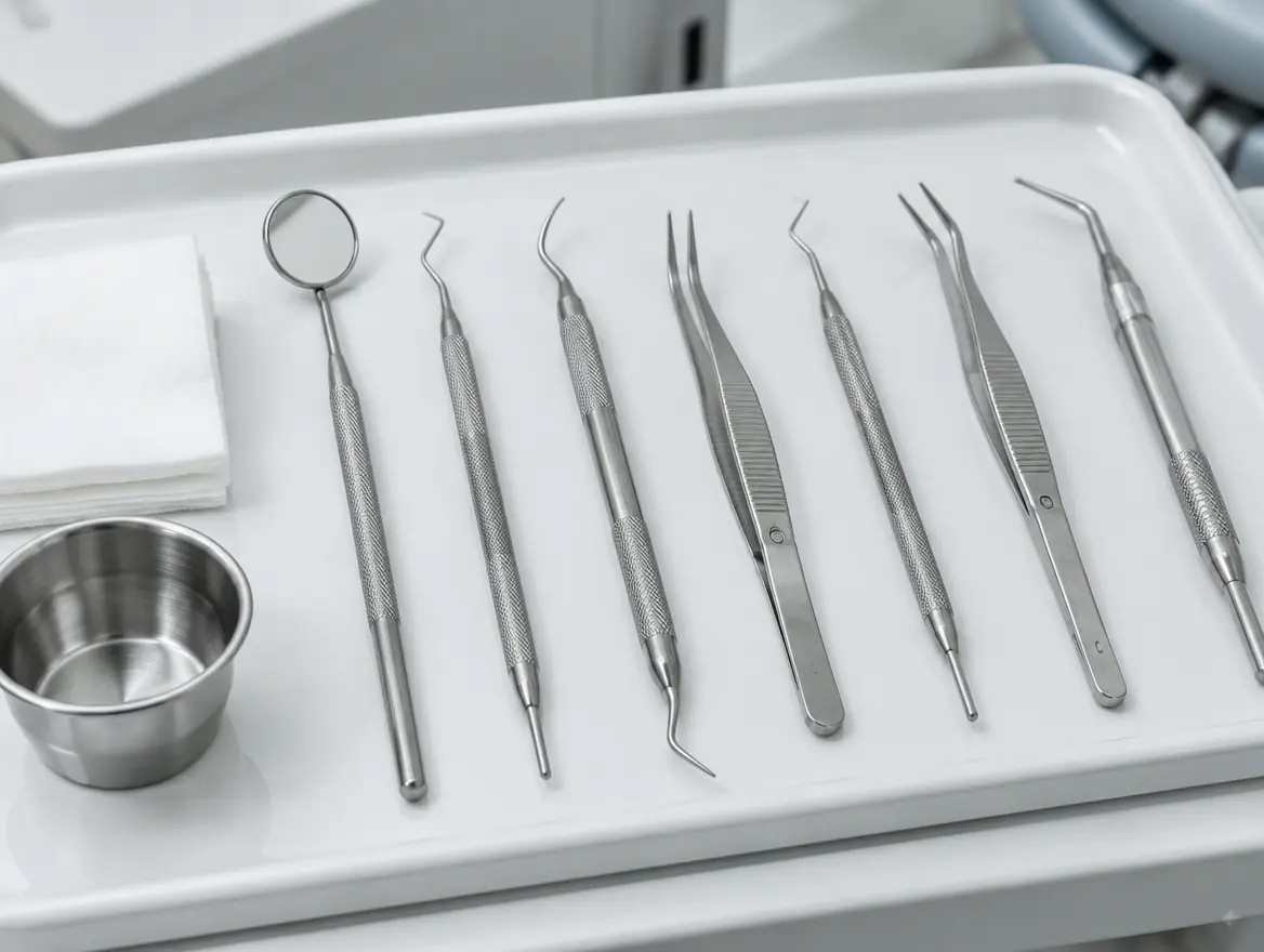 Dental instruments arranged on a white tray