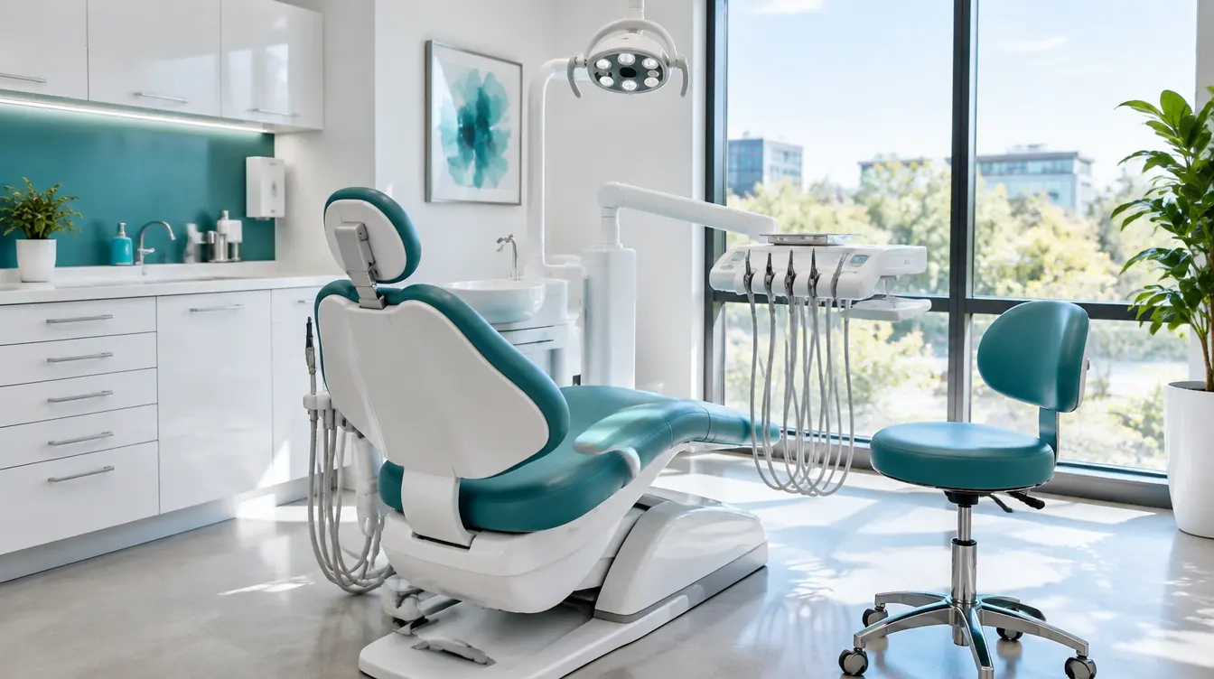 Bright treatment room with a teal dental chair beside a window