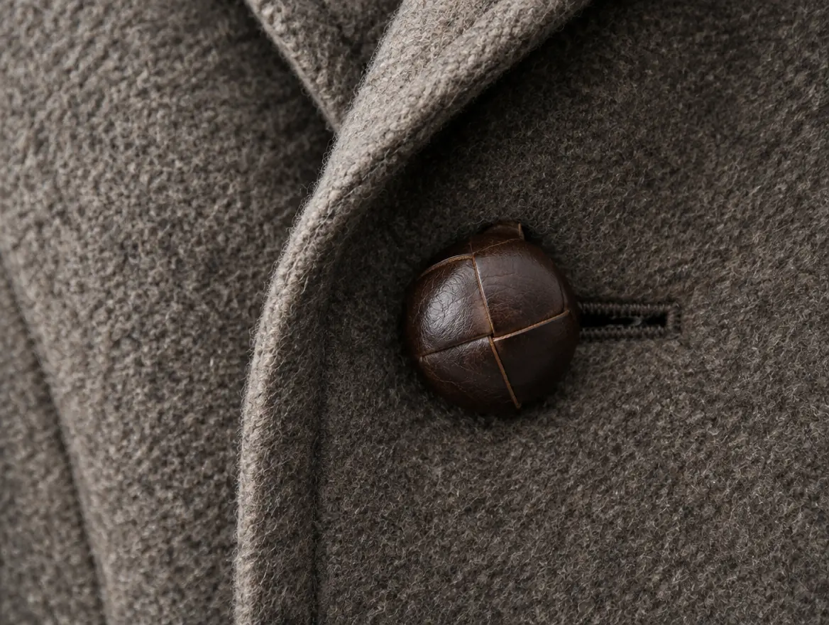 Close-up of a grey boiled-wool coat with a woven leather button