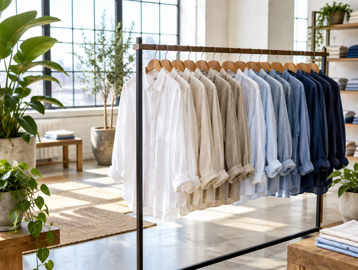A rack of linen shirts from white to navy in a bright loft