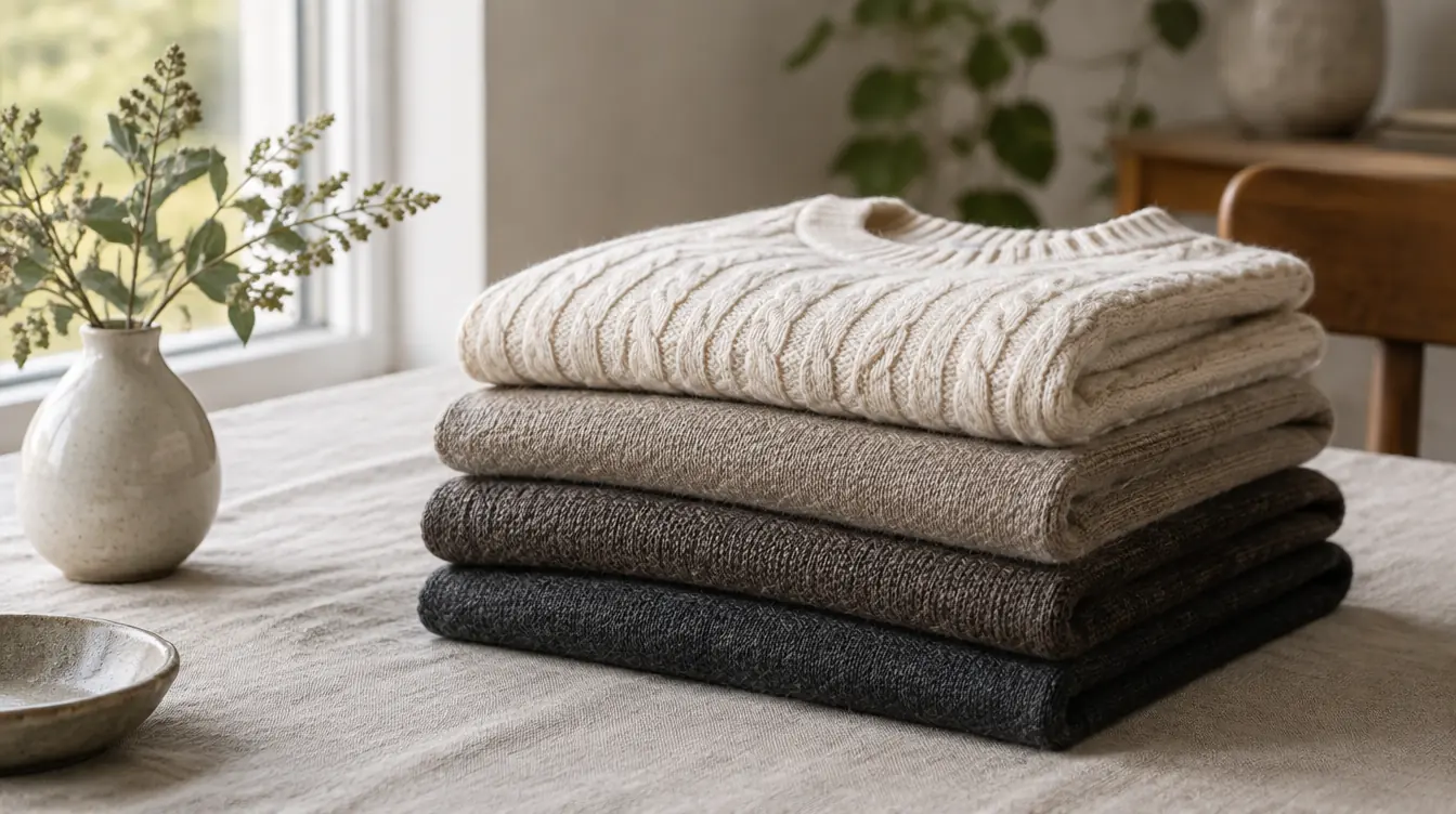 Four folded sweaters in cream, oat, cocoa and charcoal on a linen table