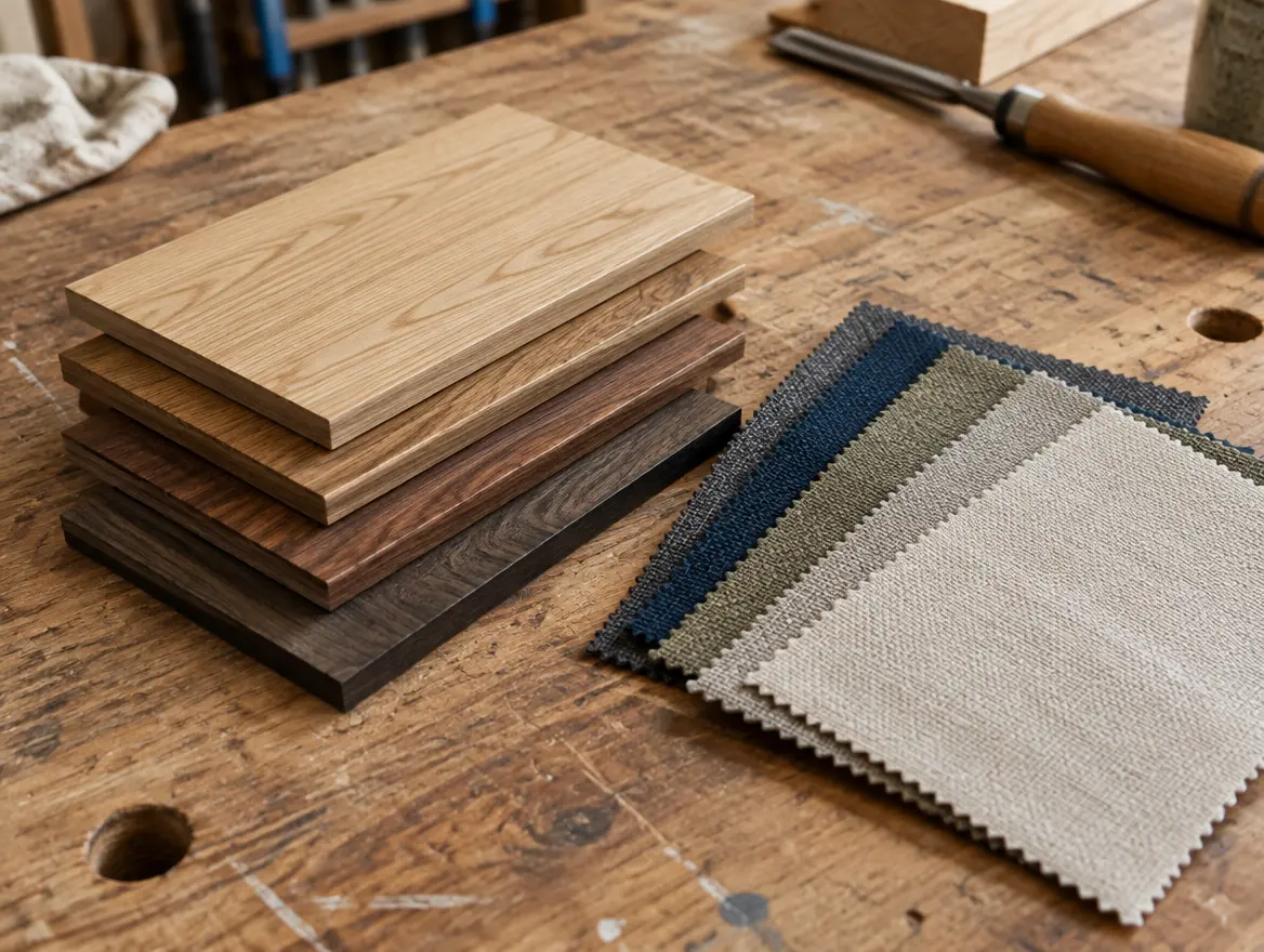 White oak, walnut and smoked oak samples with fabric swatches on a workshop bench