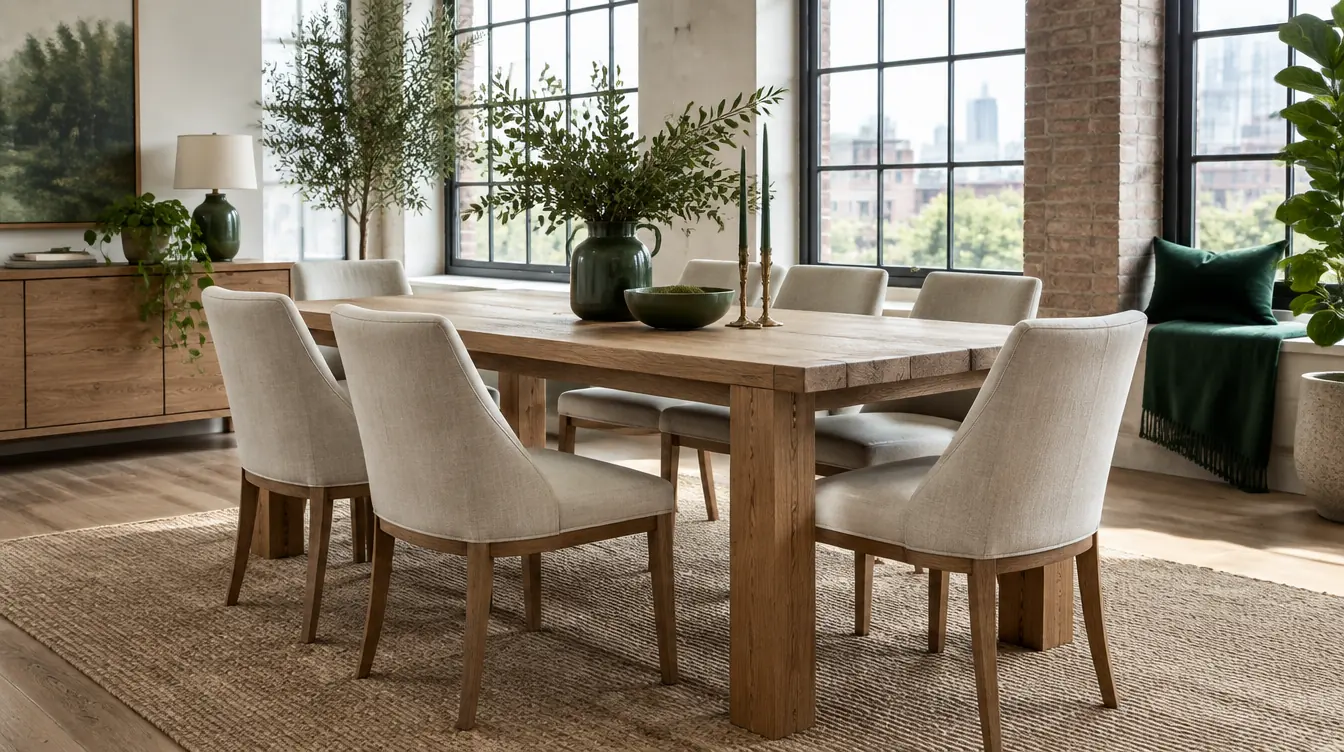 Oak dining table with linen chairs and a matching sideboard in a bright brick loft