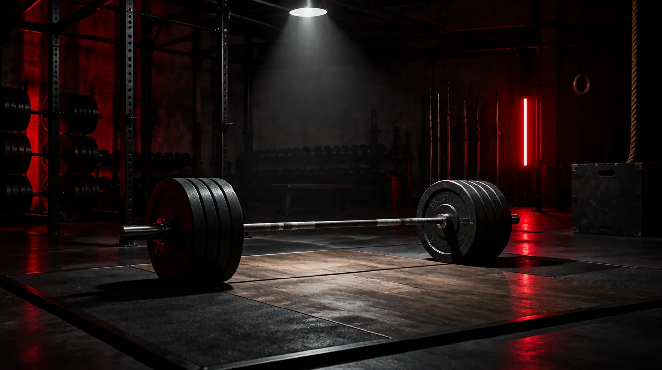 Loaded barbell on a lifting platform under a single spotlight