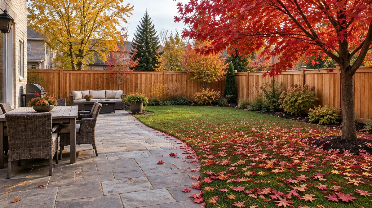 Autumn: the patio with red maple leaves across the lawn