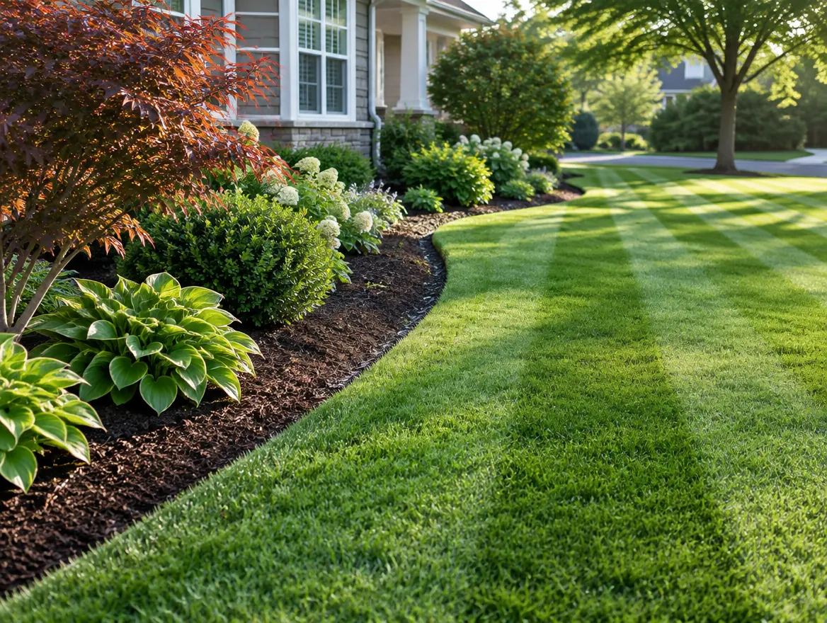 Spring: fresh-cut lawn stripes beside a mulched garden bed