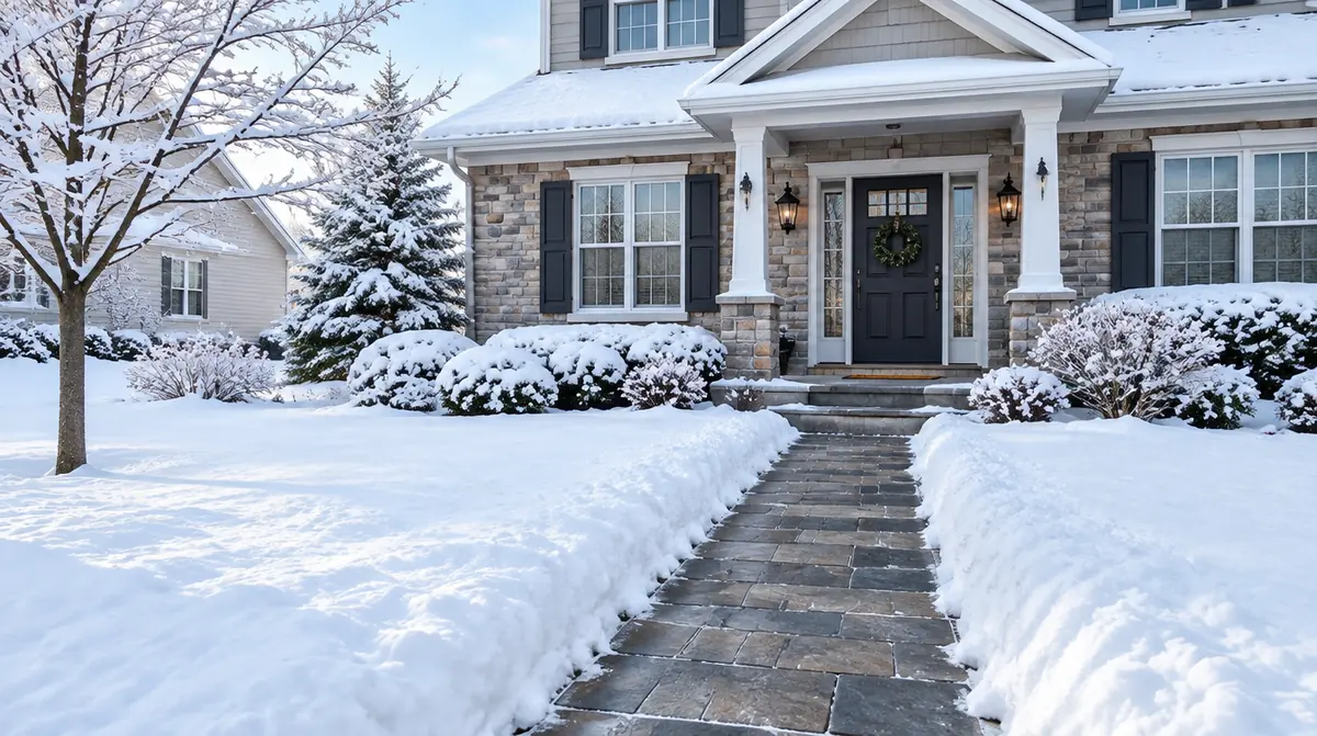 Winter: a front walk cleared of snow to the door