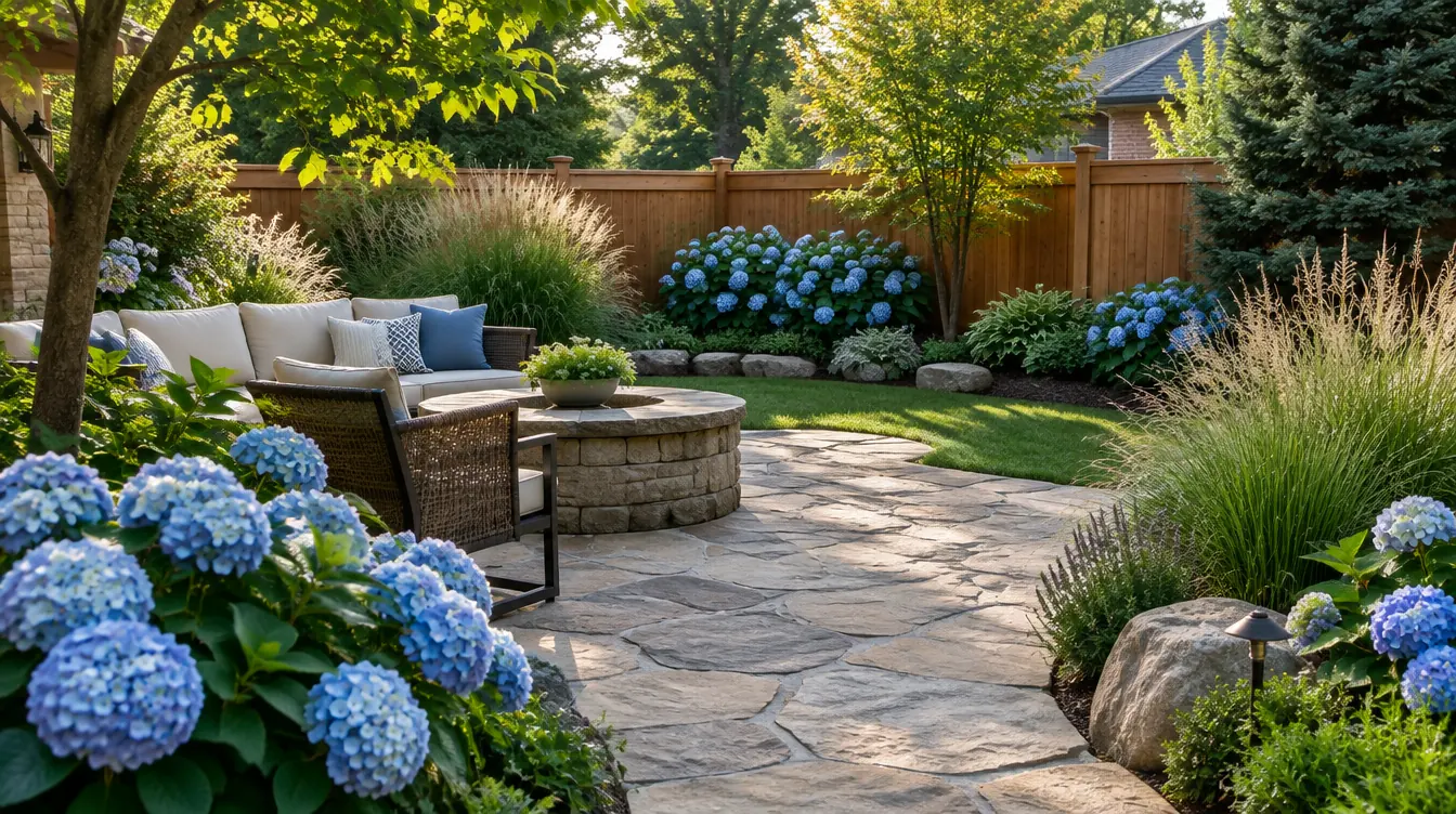 Summer: stone patio with outdoor sofas, fire pit, blue hydrangeas and a cedar fence