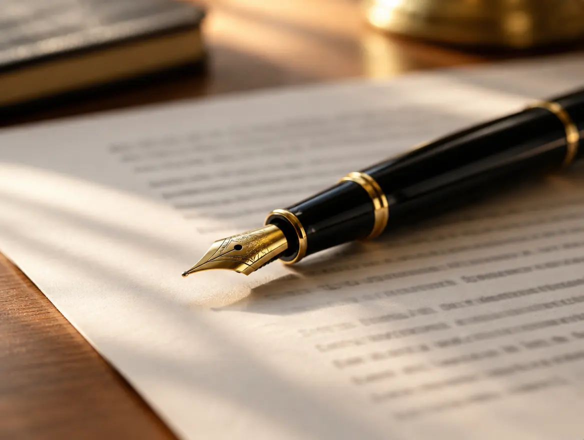 Fountain pen resting on a signed document