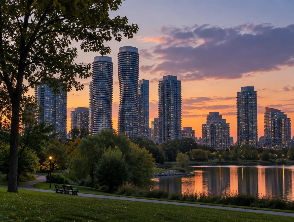 Mississauga skyline at dusk seen across a pond in a park