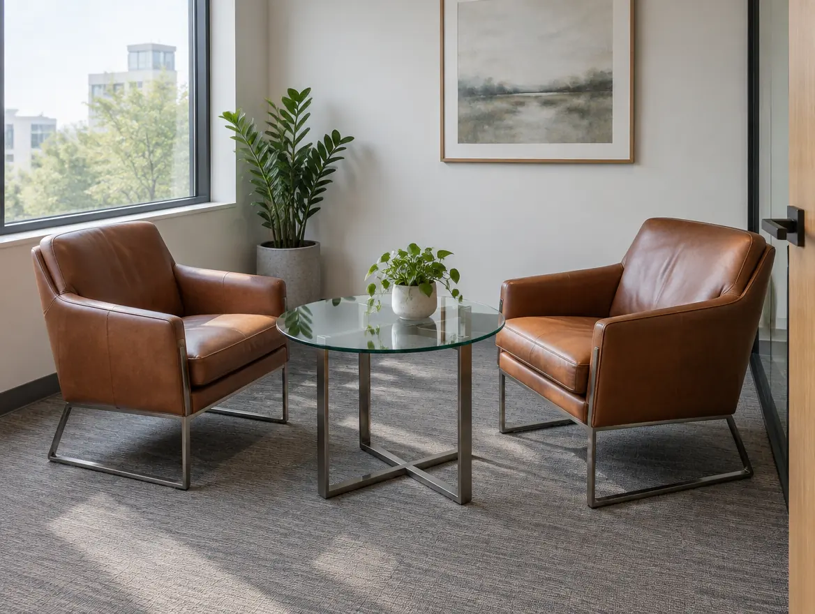 Small meeting room with two leather chairs and a glass table