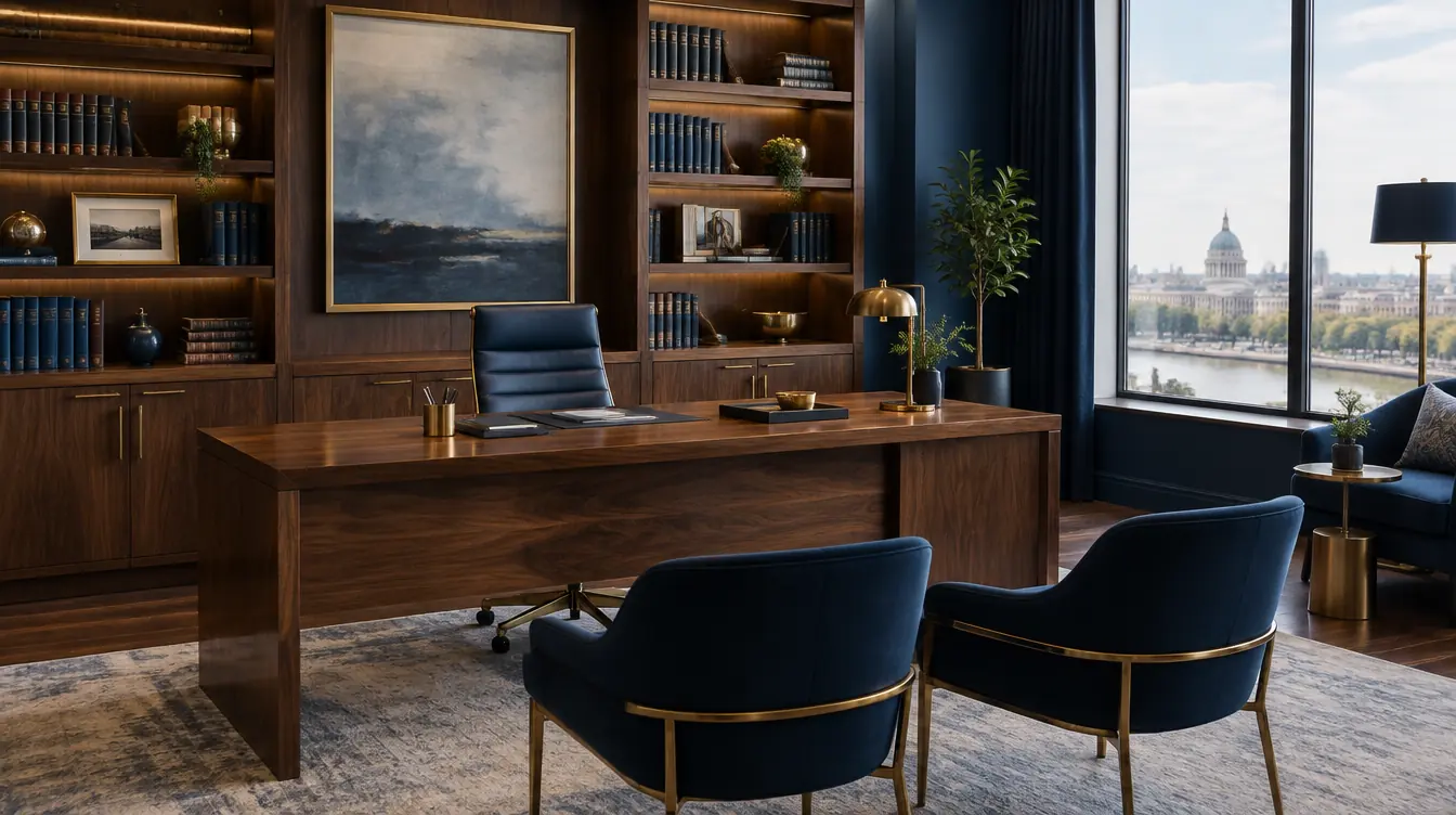 Our consultation office: walnut desk, bookshelves and two navy chairs by a window