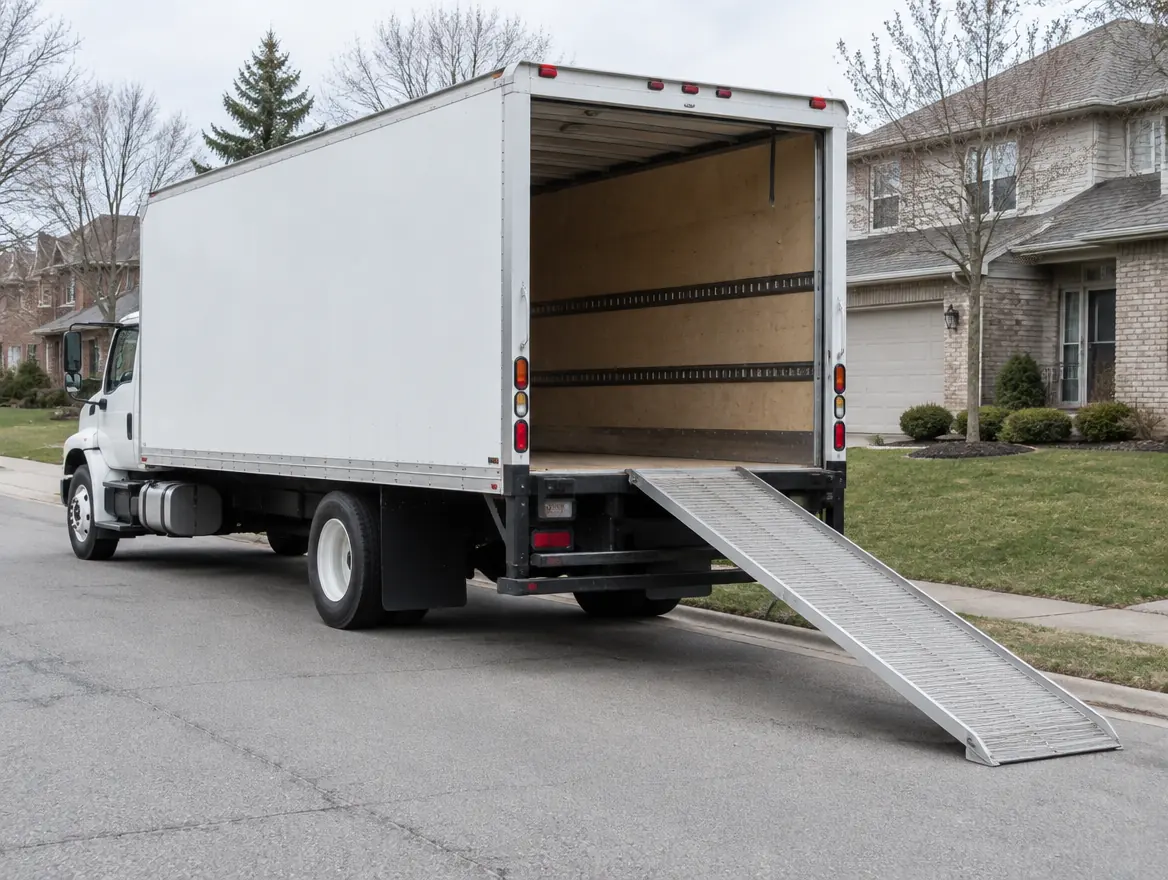 White box truck with a ramp down on a suburban street