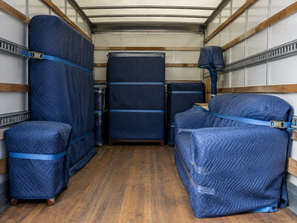 Furniture wrapped in blue blankets and strapped inside a truck